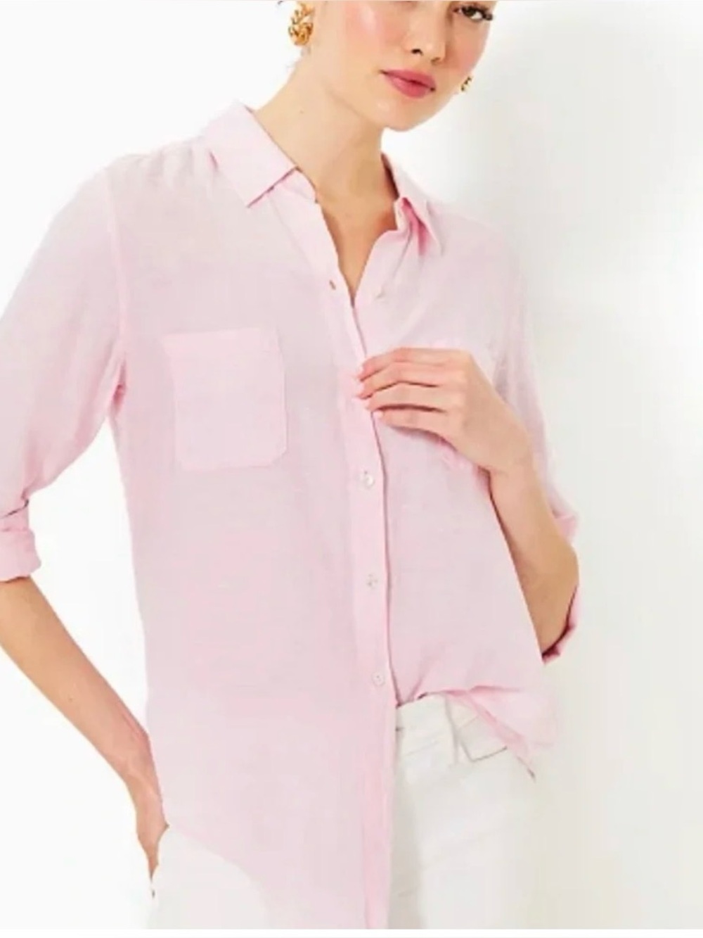 Lilly Pulitzer Sea View Linen Button Down Urchin Pink x Resort White Medium NWT